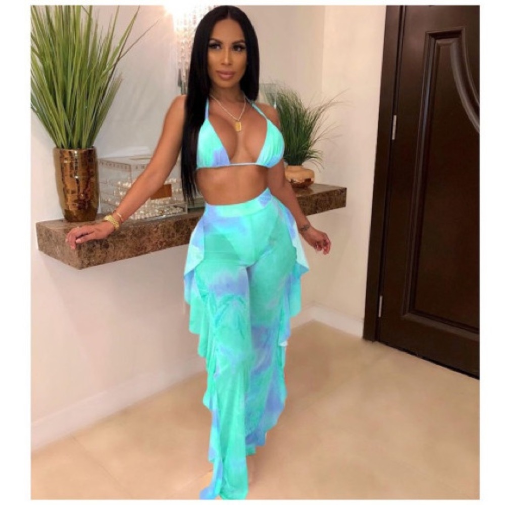Printed Swimsuit Mesh Three-piece Set